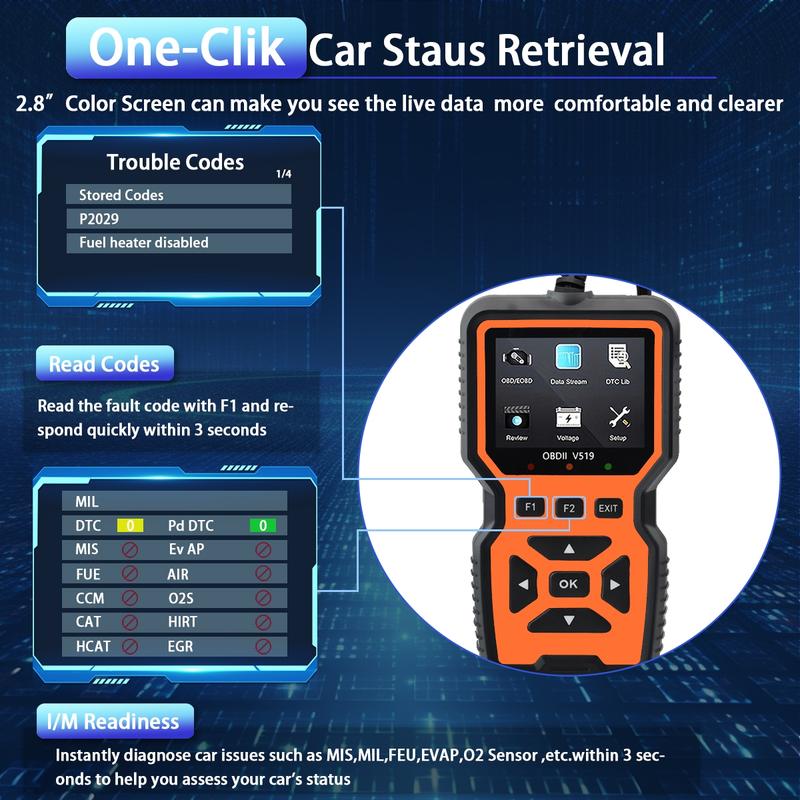 Car OBD2 Scanner Diagnostic Tool, Car Voltage Tester Engine Fault Code Scanner, Charging Tester Diagnostic Tool for OBDII-V519, Gifts, Repair, Digital Automotive Battery Relay Tester, OBD Port, Car Circuit Tester, Car Scanner Fixed