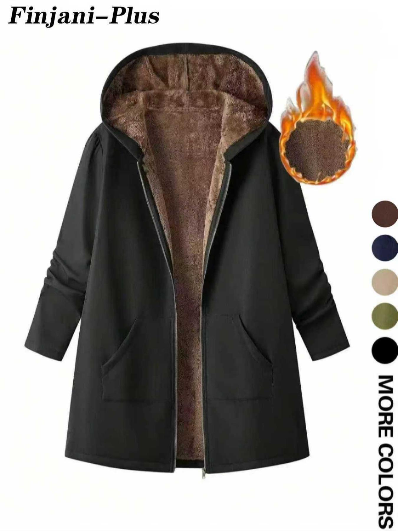 Plus Size Women's Hooded Zipper Jacket, Casual Long Sleeve Plain Coat for Fall & Winter, Loose-Fitting Ladies Outerwear