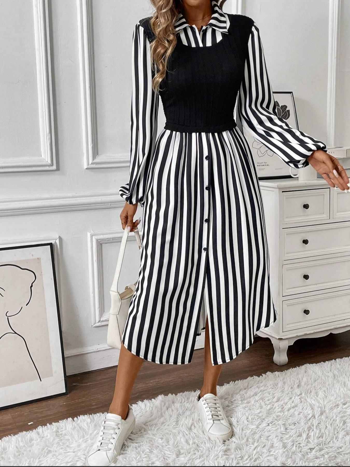 Illusion two-piece set， fashionable striped long sleeved dress with striped patchwork fashion design, A-line skirt and collar, suitable for spring/autumn/winter wear, date travel party indoor fashionable and beautiful dressing