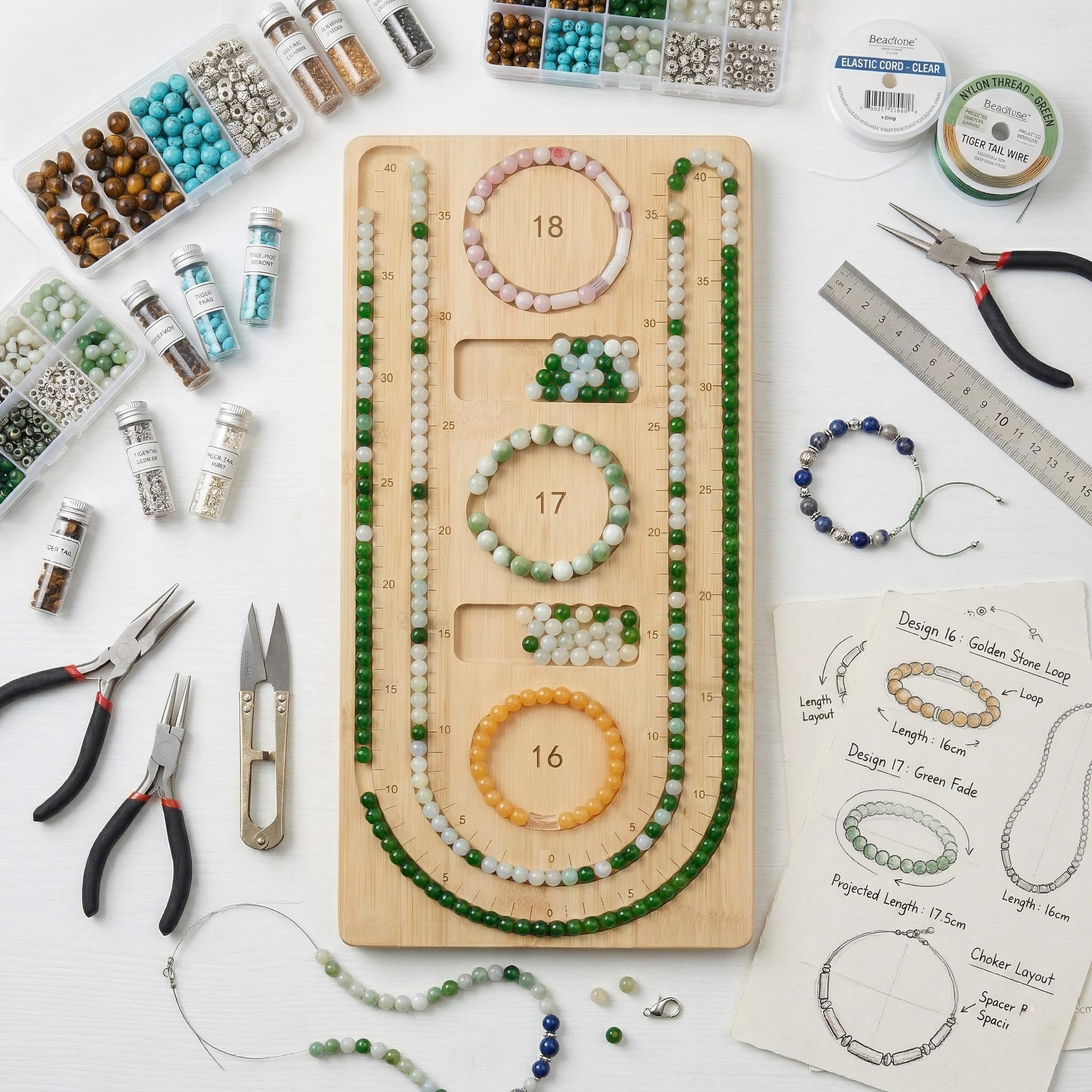 Bamboo Bead Board for Jewelry Making, Bracelet Design Tray & Necklace Organizer, Wooden Bead Sorting Tray with Measurement Scales, Professional DIY Beading Supplies for Jewelry Designers & Crafters