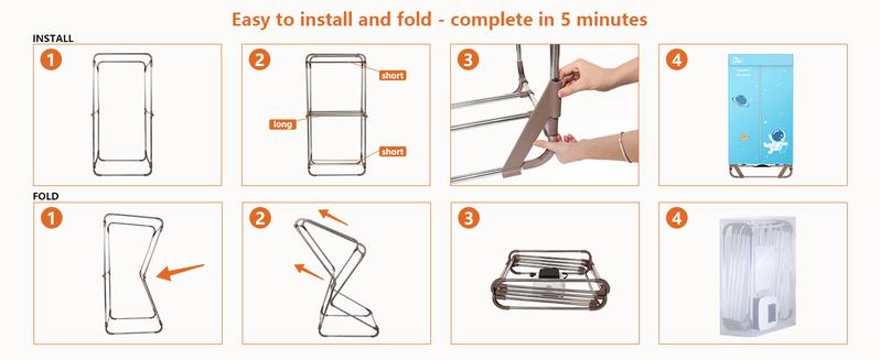 Uten Clothes Dryer Portable, 1500W Power Electric Clothes Hooded Dryer Machine with Timer, 2-Tier Laundry Drying Wardrobe, Foldable Clothes Drying Rack and Dryer for Travel, Apartments, RV, Home - Blue