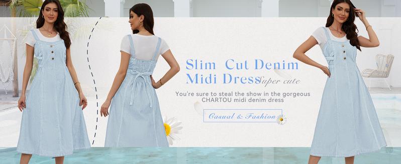 CHARTOU Women's Summer Strap Long Dress Elegant Strap Back Smoked A-line Long Dress Cowboy Dress