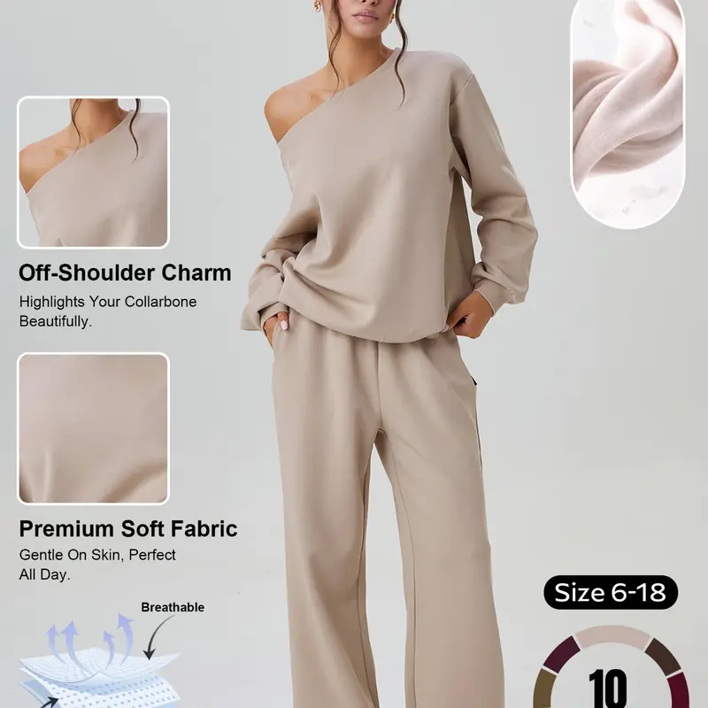 Women's Solid Color Off-Shoulder Long Sleeve Top & Wide-Leg Trousers Co-ord Set, Knitted Lounge Set, Casual Minimalist Loose Two-Piece Set, Soft Loungewear, Basic Outfits, Womenswear