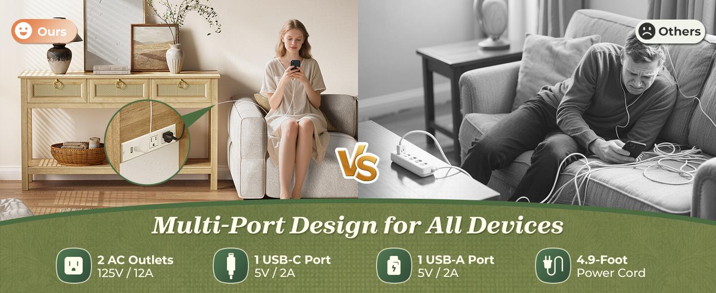 SUPERJARE Rattan Console Sofa Table with Outlets and USB-C Port, 3 Drawer Entryway Table with Synthetic Rattan Surface, Open Shelf, Behind Couch Entry Foyer Hallway Storage