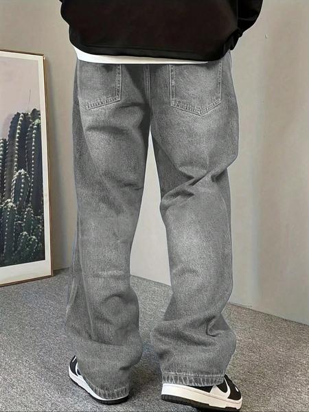 Men's Straight Leg Denim Jeans, Street Style Loose-Fit Casual Pants, All Season Fashionable High-Street Long Trousers, Relaxed Fit Jeans