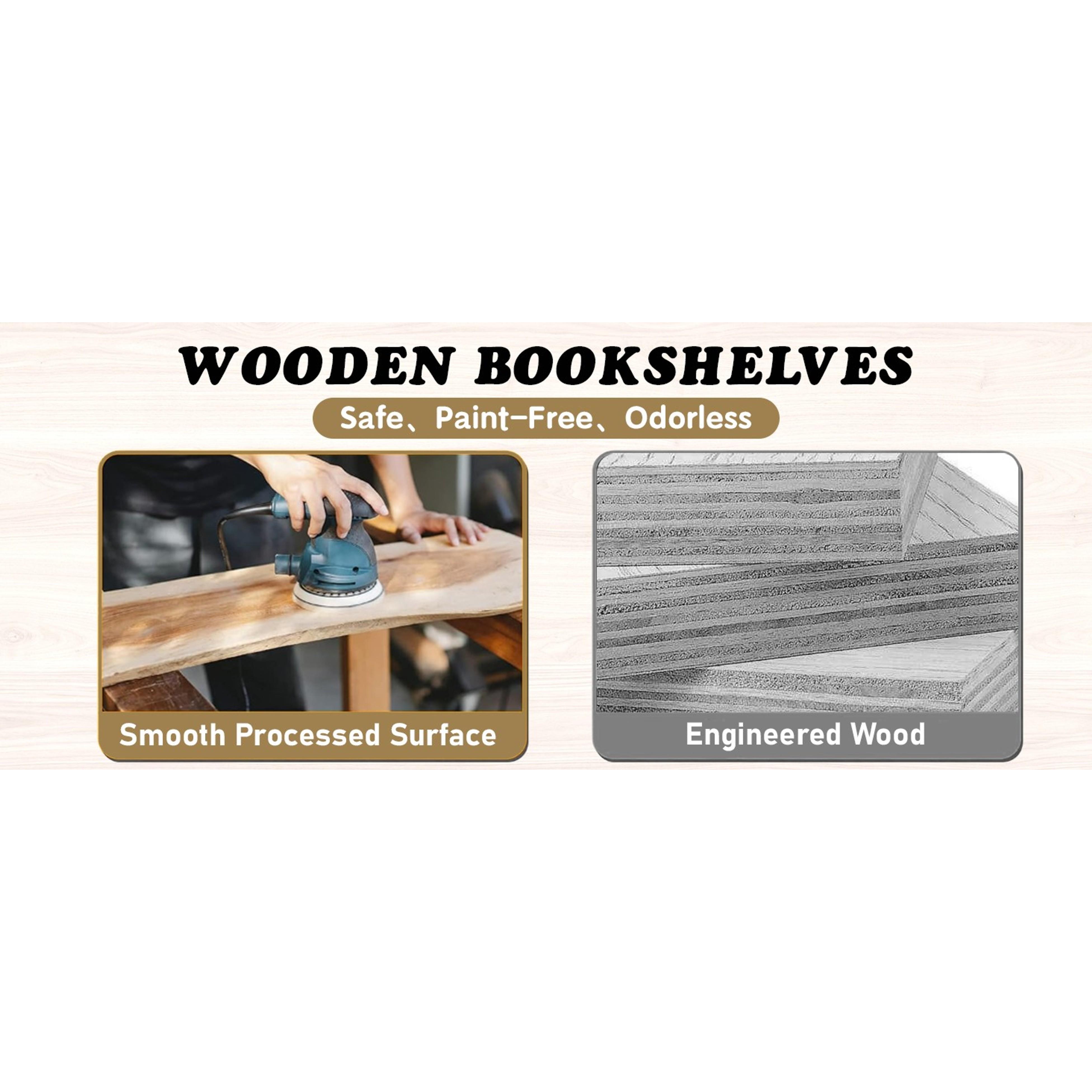 5 Tier Behind The Door Bookshelf & Freestand Open Book Shelf, Wall Mount Shelves for Bedroom, Space- Saving Bookcase, Solid Wood Bookshelf for Living Room, Natural（FSC-Certified Wood）
