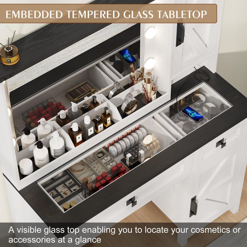 Aowos Farmhouse Vanity, Makeup Vanity Desk with HD Mirror and Light, with Drawers & Adjustable Cabinets, Glass Top Vanity with Charging Station, Modern Vanity Table with Shelves, Christmas Gift for Woman & Girls, Present for Yourself