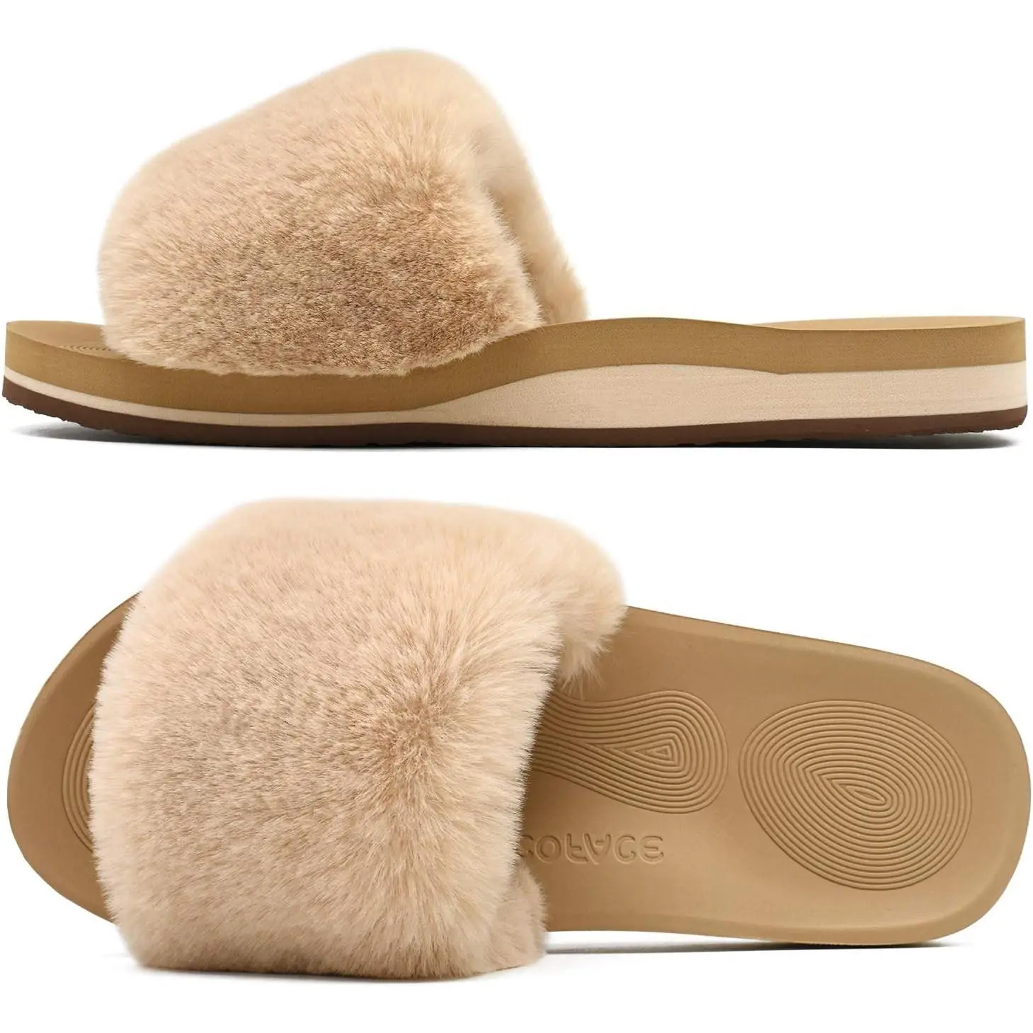Fuzzy Womens Slippers with Arch Support Open Toe Orthopedic Fur Slipper Indoor Outdoor