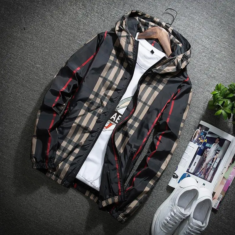 Men's Stylish Casual Menswear Long-Sleeve Hooded Zip-Up Windproof Coat - Lightweight, Adjustable Drawstring, Contrasting Stripes, Khaki Plaid Design for Fall Outerwear Tops