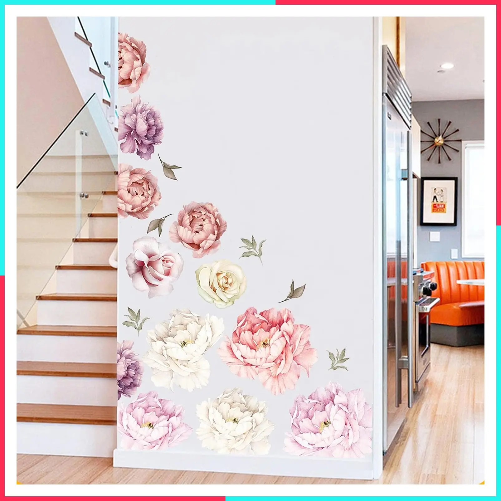 Large 15-Piece Peony Floral Wall Decals Set - Elegant Boho Botanical Stickers for Bedroom, Living Room, Nursery, Home Decor