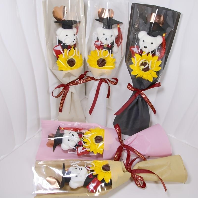 3pc Golden Heart Wrapped Teddy Bear with Graduation Cap Bouquet, Artificial Sunflower Bouquet, a Gift for Friends, Classmates, or Girlfriends during Graduation Season