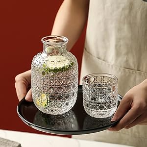 Vintage Glassware Bedside Carafe Set (2 Sets, 4 Pcs Total) - 14Oz Glass Pitcher & Cup for Daily Use, Contemporary Nightstand Drinkware for Bedroom, Wedding Supplies
