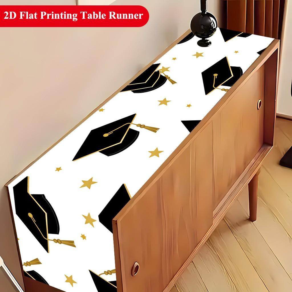 2D Table Runner, Graduation Hat and Stars Polyester Tablecloth, Festival Party Table Cover, Home Decor, Dining Table Decoration, Gift
