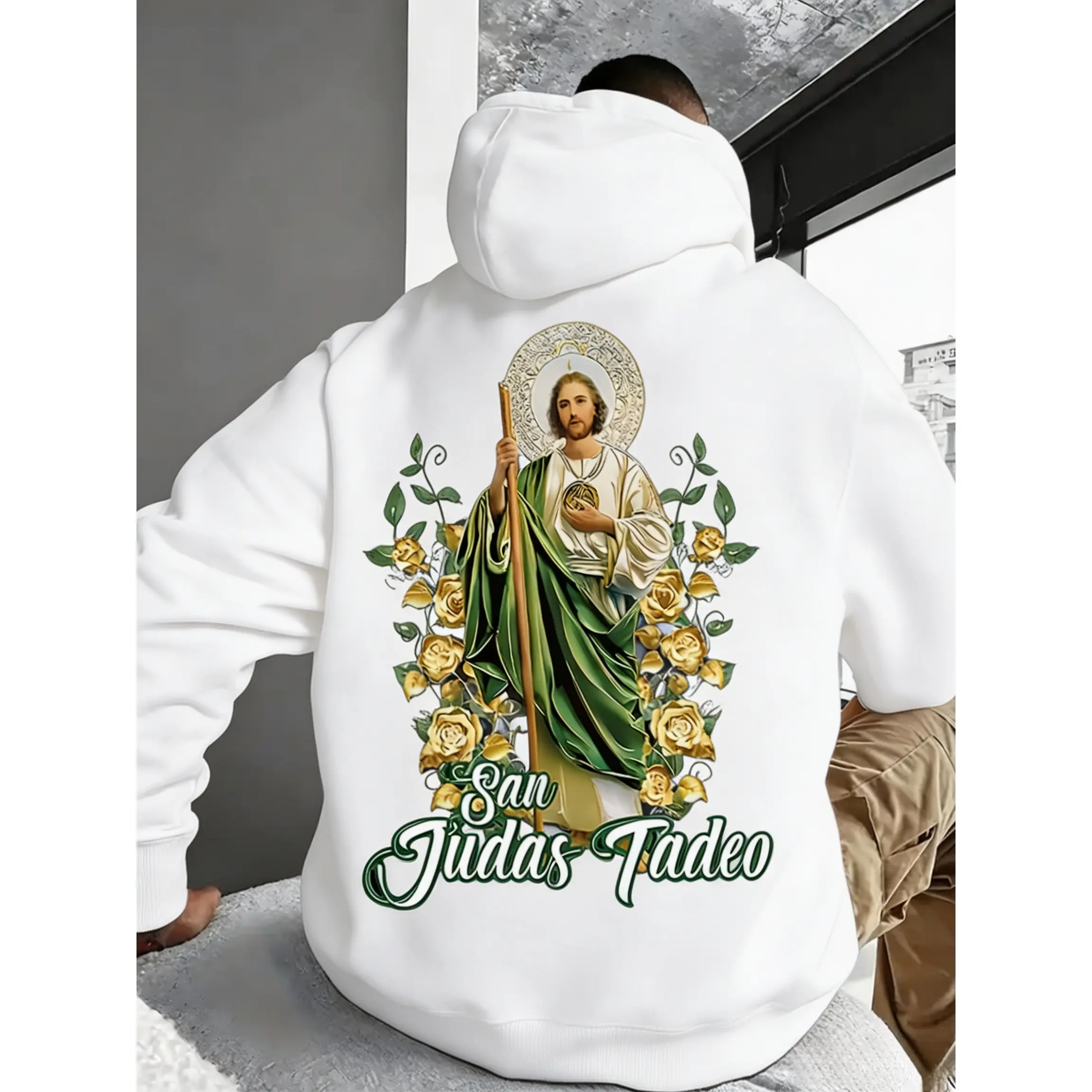 Men's Hooded Sweatshirt with Floral Design hoodie |   Outdoor Daily Activity Clothing, Hooded Pullover with Fleece Lining, Unisex, Casual, Loose Fit, Fashionable Street Style, Crew Neck, Slight Stretch Fabric
