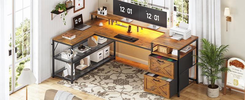 SEDETA 67" L Shaped Desk with Drawers, Computer Office Desk with Storage Shelves & Power Outlet, Reversible Gaming Desk with LED Lights for Home Office