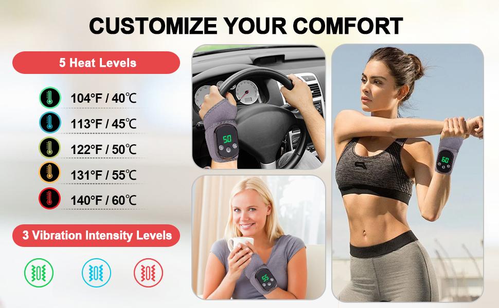 Rechargeable Cordless Wrist Heating Pad - Adjustable 5 Heat Levels & 3 Vibration Modes, Fits Left & Right Hands for Work, Travel, Exercise Rechargeable Cordless Wrist Heating Pad - Adjustable 5 Heat Levels & 3 Vibration Modes, Fits Left & Right Hands for Work, Travel, Exercise
