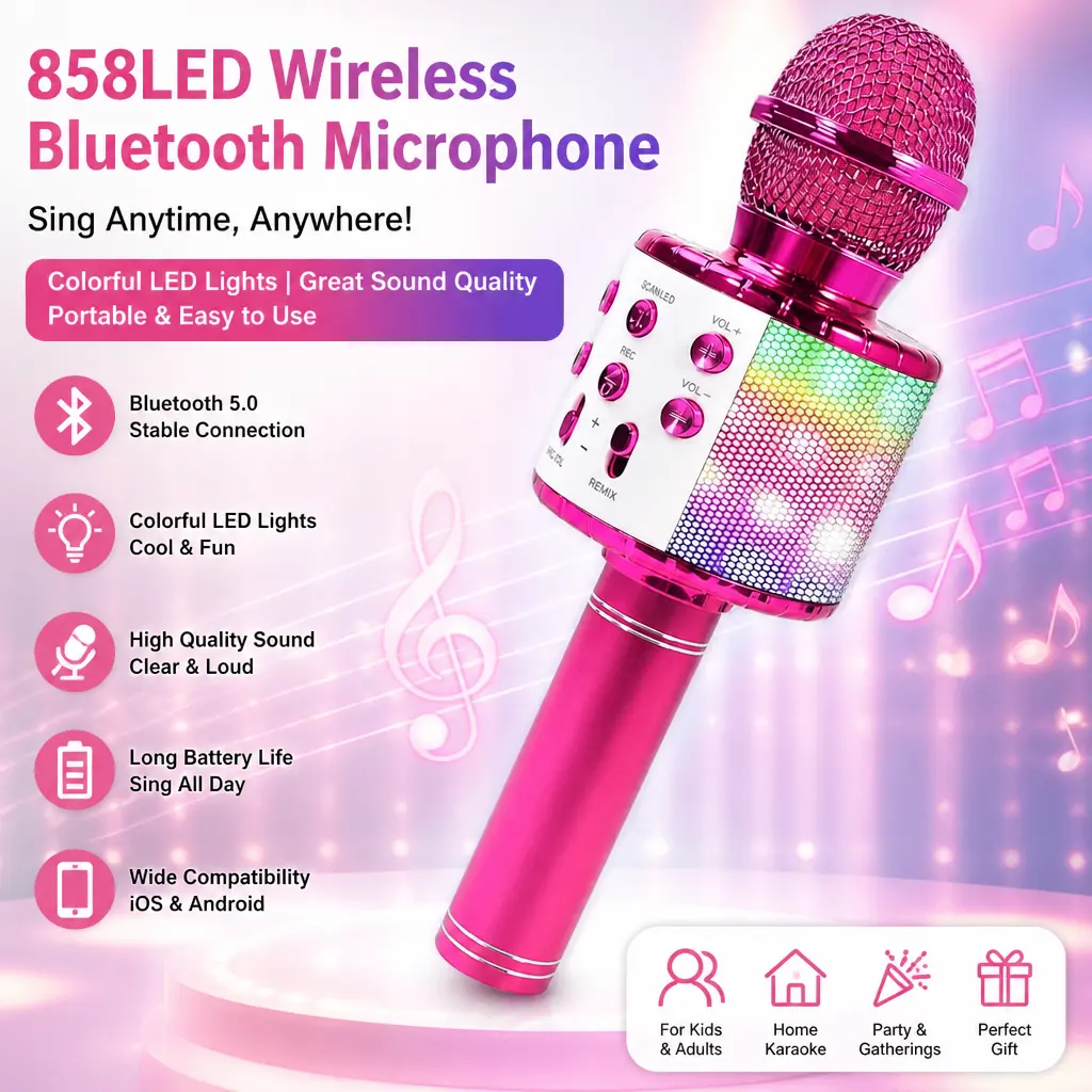 Children Handheld Singing Microphone, 858LED Wireless Bluetooth Mic with Light Effects, Portable for Phone Karaoke, Factory Direct
