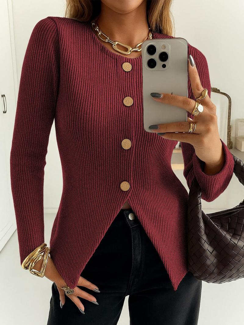 Women's Elegant Ribbed Knit Button-Front Long Sleeve Top, Casual Elegant Fitted Design in Medium-Weight Fabric for All-Season Wear