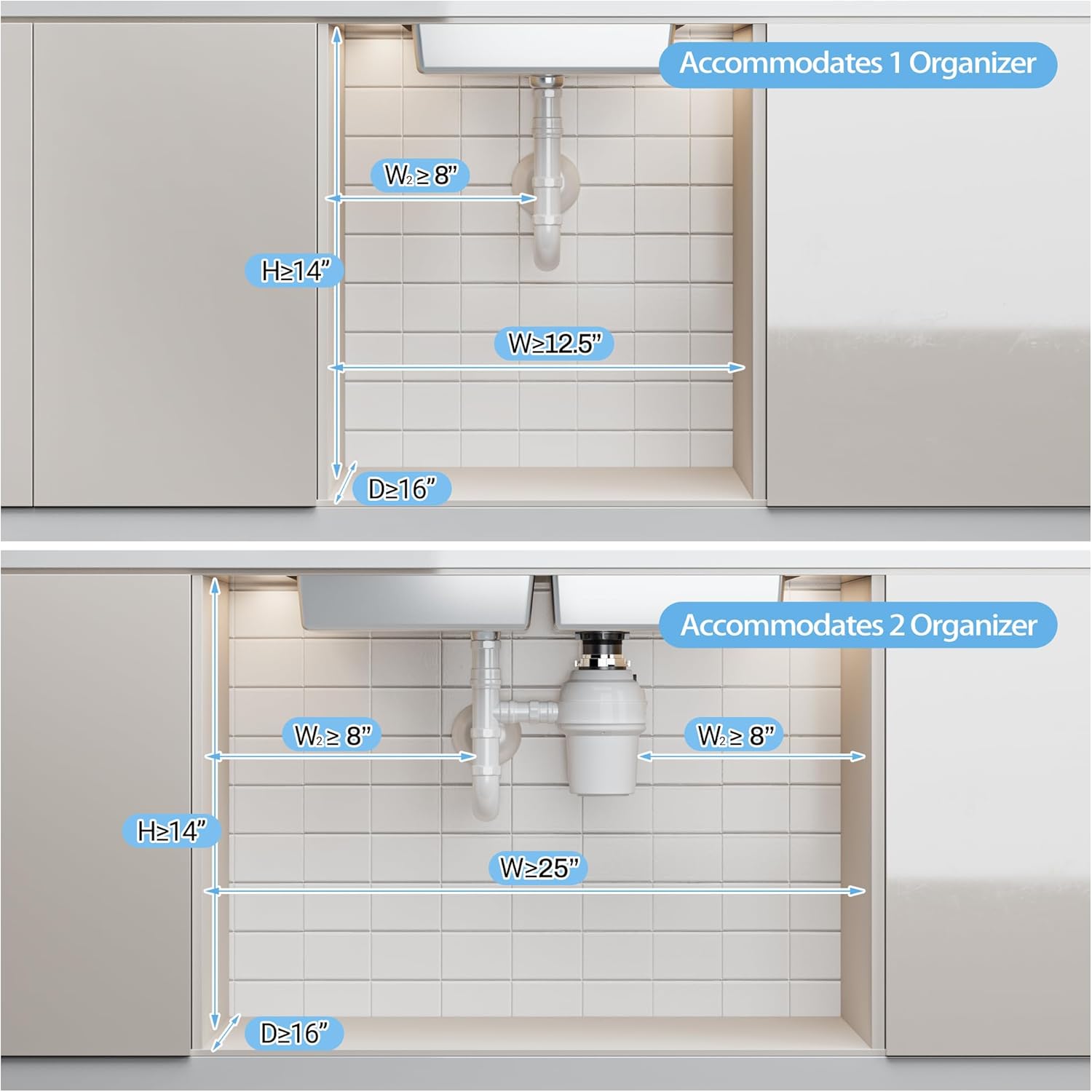Under Sink Organizer XL Size, 2 Packs 2 Tier Expandable Height (13.5" - 17.5") Under-Sink Organizers Slide out Pull out Bathroom Kitchen Organizers And Storage
