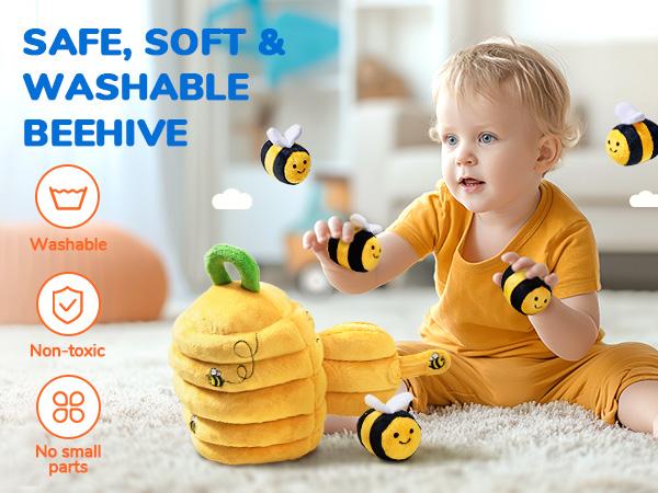 JoyCat Baby Toys, Bee Toys, Treehouse Toys, Soft Beehive with 5 Stuffed Sensory Bees/Squirrels, Rattle, Crinkle Paper, Squeaker, Mirror, Baby Birthday Valentine's Day Gifts