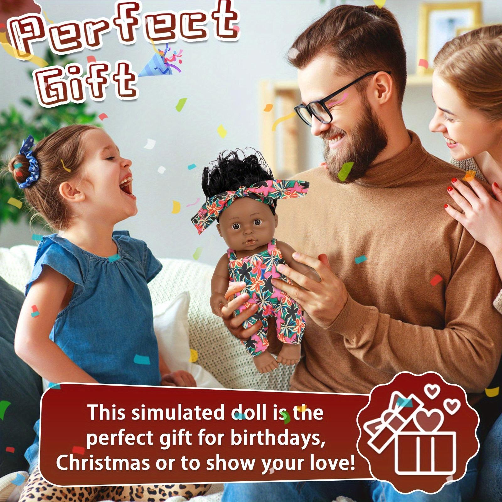 Baby Doll, 12 inch American African Girl Doll with Dress, Realistic Reborn for Kids Aged 2 3 4 5 6, Silicone Small Toy Curly Hair Birthday Gift,