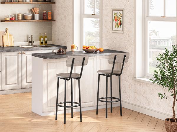HOOBRO Bar Stools, Set of 2 Bar Stools with Footrest and Back,25.2" Bar Chairs for Kitchen Island, Dining Room,Counter Height Bar Stools, Easy Assembly