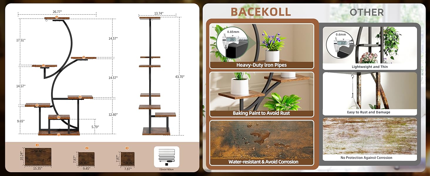 Plant Stand with Grow Lights, 44" 7 Tier Corner Shelf for Flower Display, S-Shaped Rack for Home, Living Room