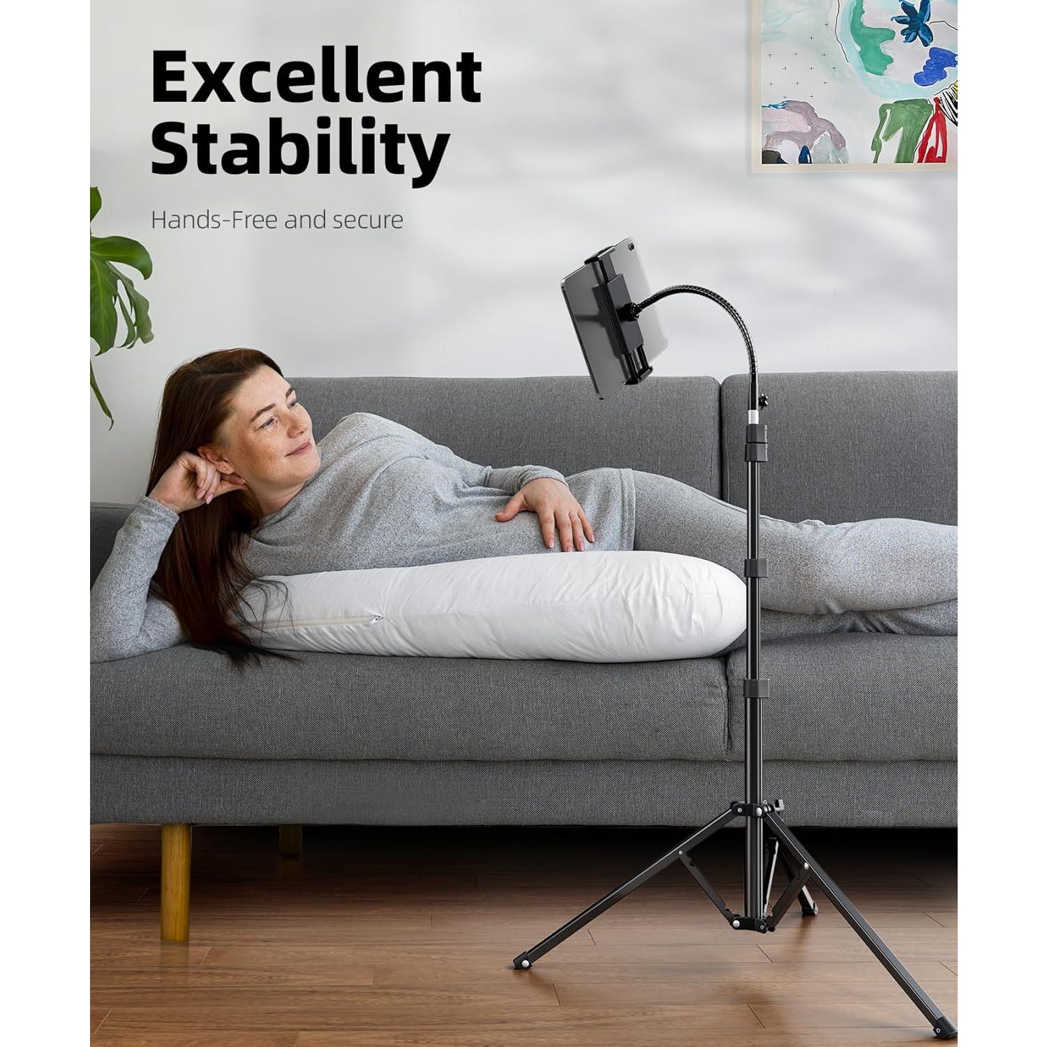 Heavy Duty Tablet Tripod Stand 82" Tall, Floor Stand with Remote and Adjustable Gooseneck for Watching/Stream/Recording, Tripod for iPad Pro 12.9"/Kindle/, and  4.5-13" Tablet/Phone