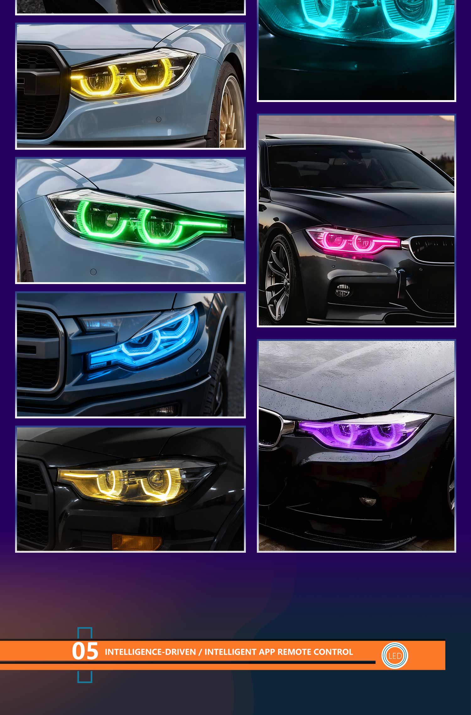 2PCS 5D RGB Angel Eyes Halo Rings Lights with Turn Signal Lights APP Bluetooth LED Motorcycle Retrofit DRL Car Headlight 12V