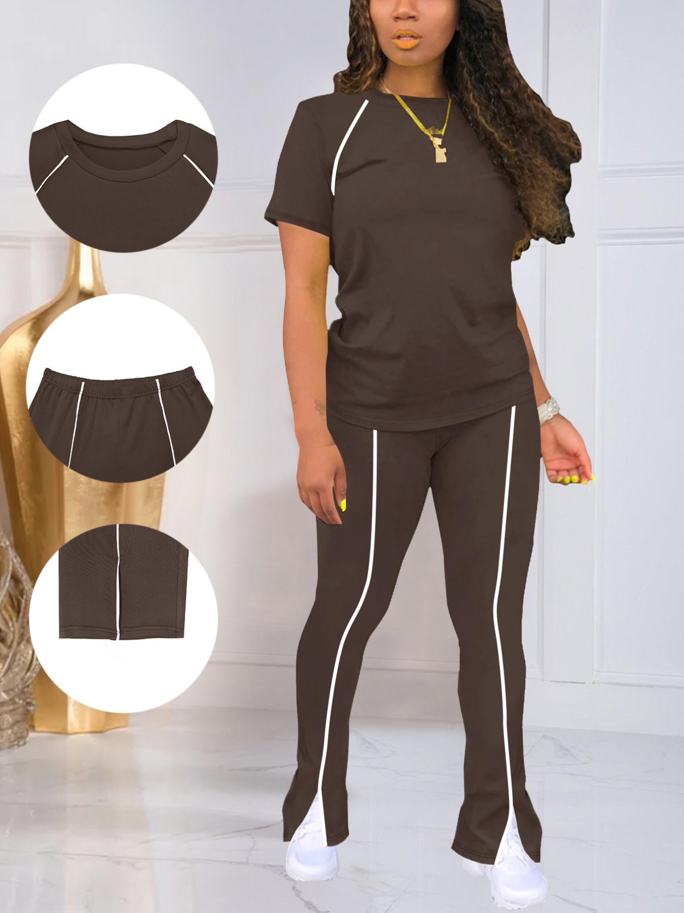 Summer Fashion New Round Neck Solid Color Striped Patchwork Short Sleeve Fitted Top with Long Pants Set, Women's Two-Piece