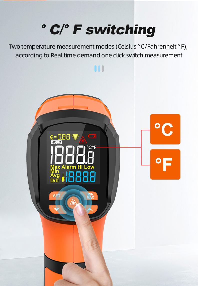 Mestek Infrared Thermometer -40°F ~2912°F,-40~1600℃ High Temperature Meter 50:1 Industrial Dual Laser Digital Thermometer with Temperature Probe