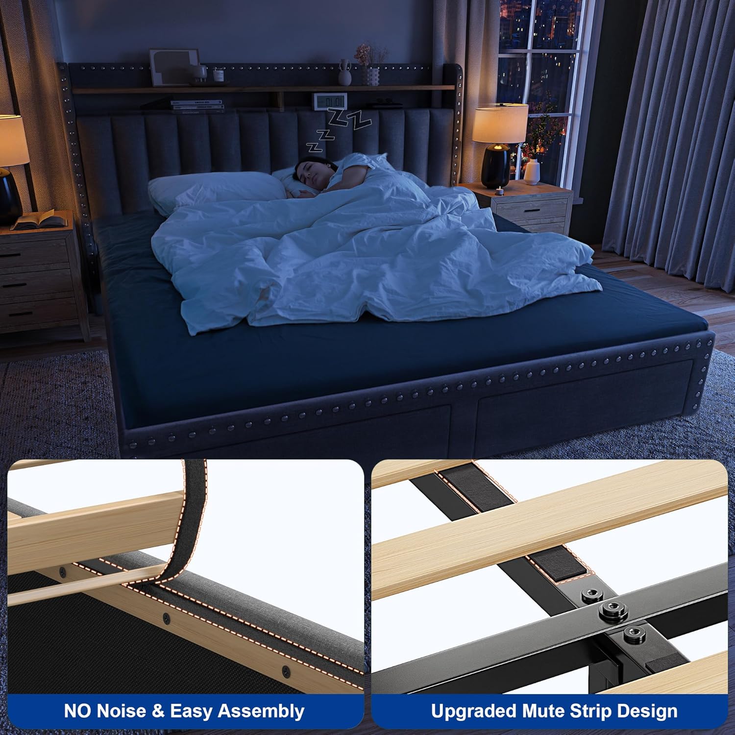 Bed Frame with 2 Storage Drawers, MATTRESS NOT INCLUDED, Bedframe with Headboard and Shelves, Upholstered Bed Frame for Queen, King, Full, Twin, NO Noise, No Box Spring Needed, Beige, Gray Bed Frame with 2 Storage Drawers, MATTRESS NOT INCLUDED, Bedframe with Headboard and Shelves, Upholstered Bed Frame for Queen, King, Full, Twin, NO Noise, No Box Spring Needed, Beige, Gray