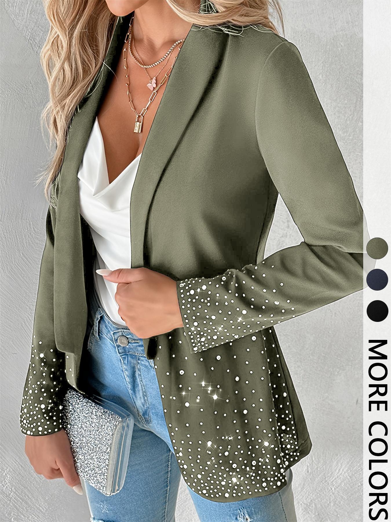 Women's Plain Long Sleeve Blazer Jacket, Elegant Water Drill Decoration, Stylish Business Casual Outerwear for Women