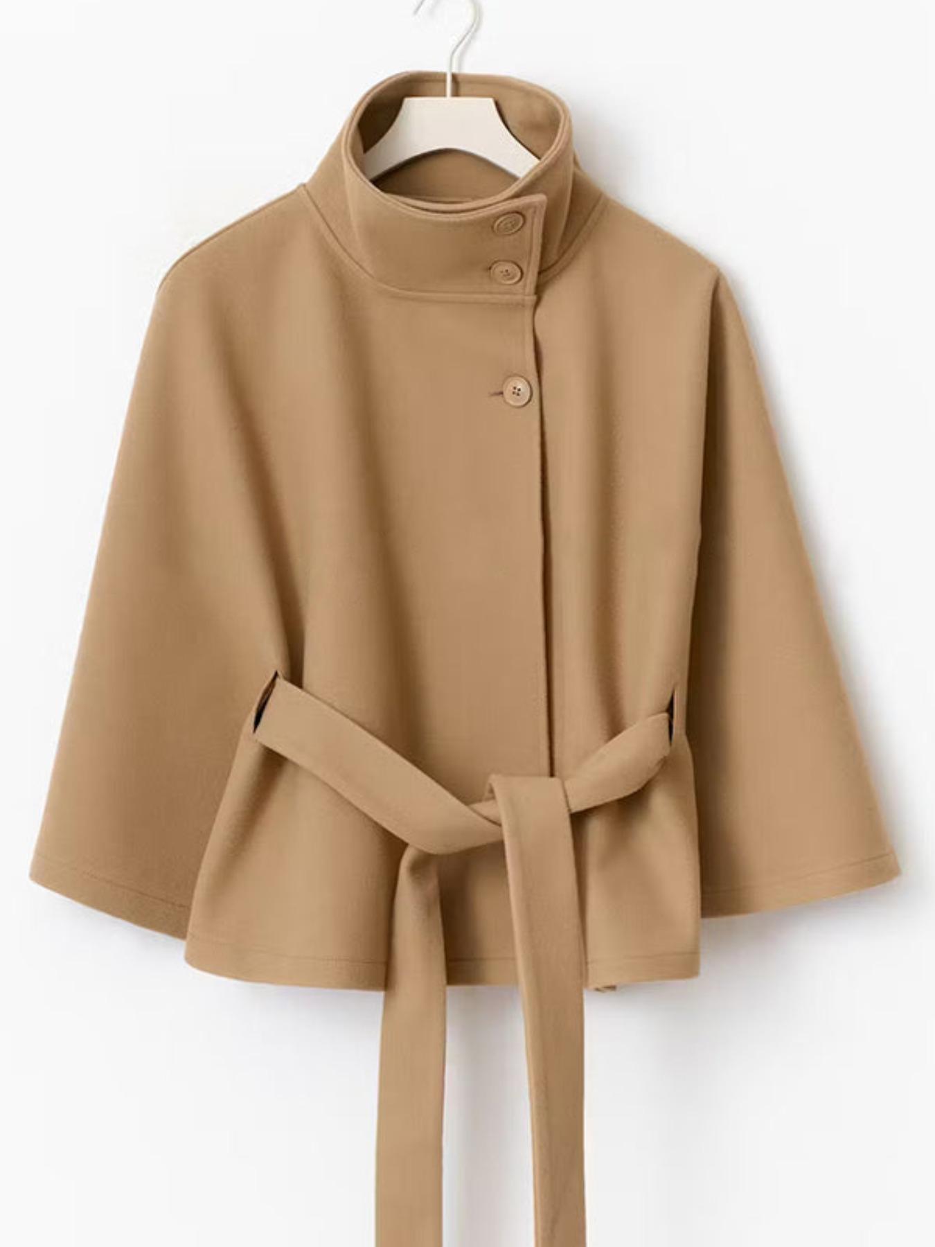 Women's Plain Front Buckle Belted Woolen Cape Coat, Casual Fall & Winter Outerwear, Stylish Daily Wear for Dating, Button
