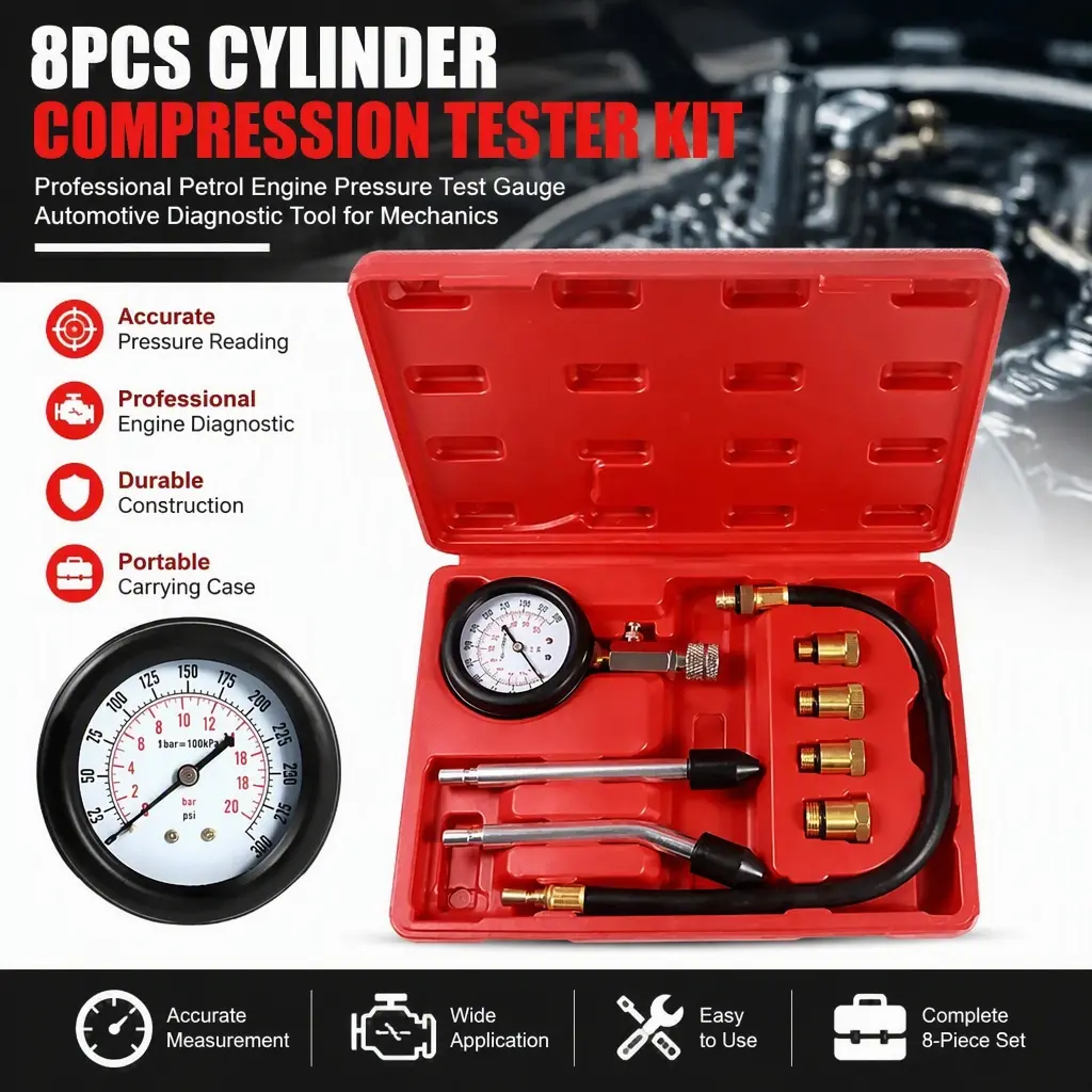 8Pcs Cylinder Compression Tester Kit, Petrol Engine Pressure Test Gauge, Professional Automotive Gas Engine Diagnostic Tool for Mechanics