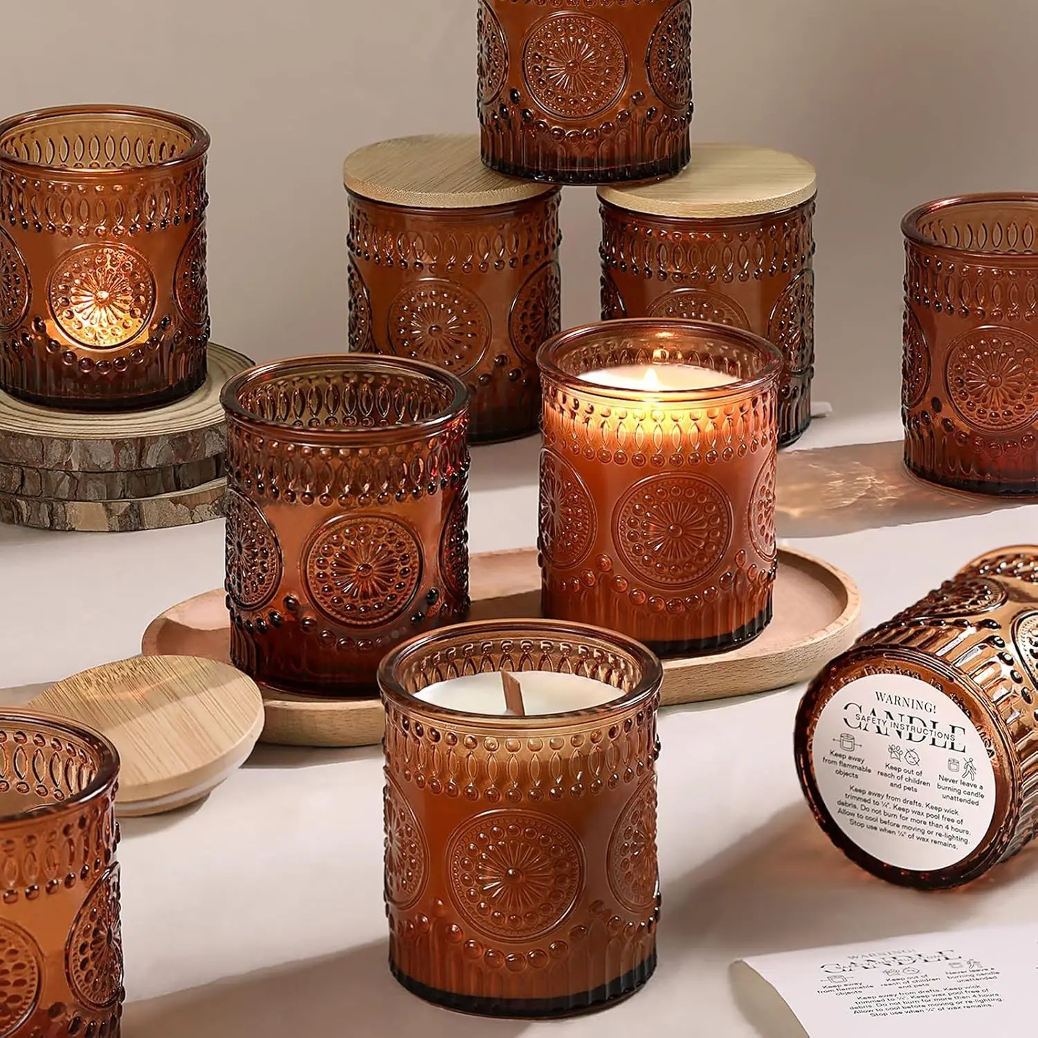 10 Pack Amber Candle Jars for Making Candles- 7.5 OZ Empty Glass Candle Making Jars with Bamboo Lids and Labels, Candle Making Supplies Candle Containers for Home DIY