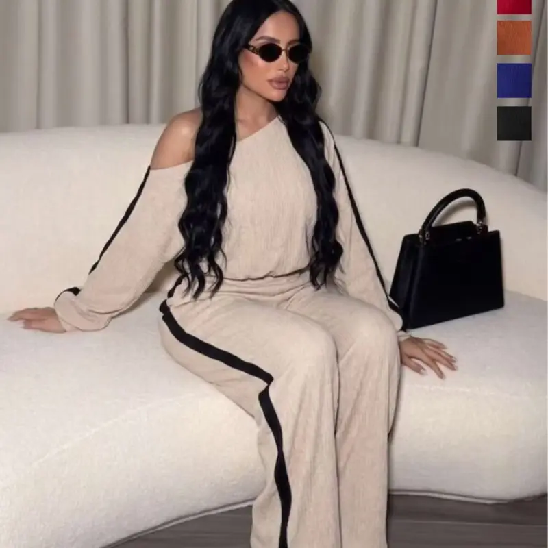 Women's Clothes Elegant Casual High Stretch Asymmetric Shoulder Long Sleeve Top and Wide Leg Pants Set, Perfect for Daily Commute and Dates