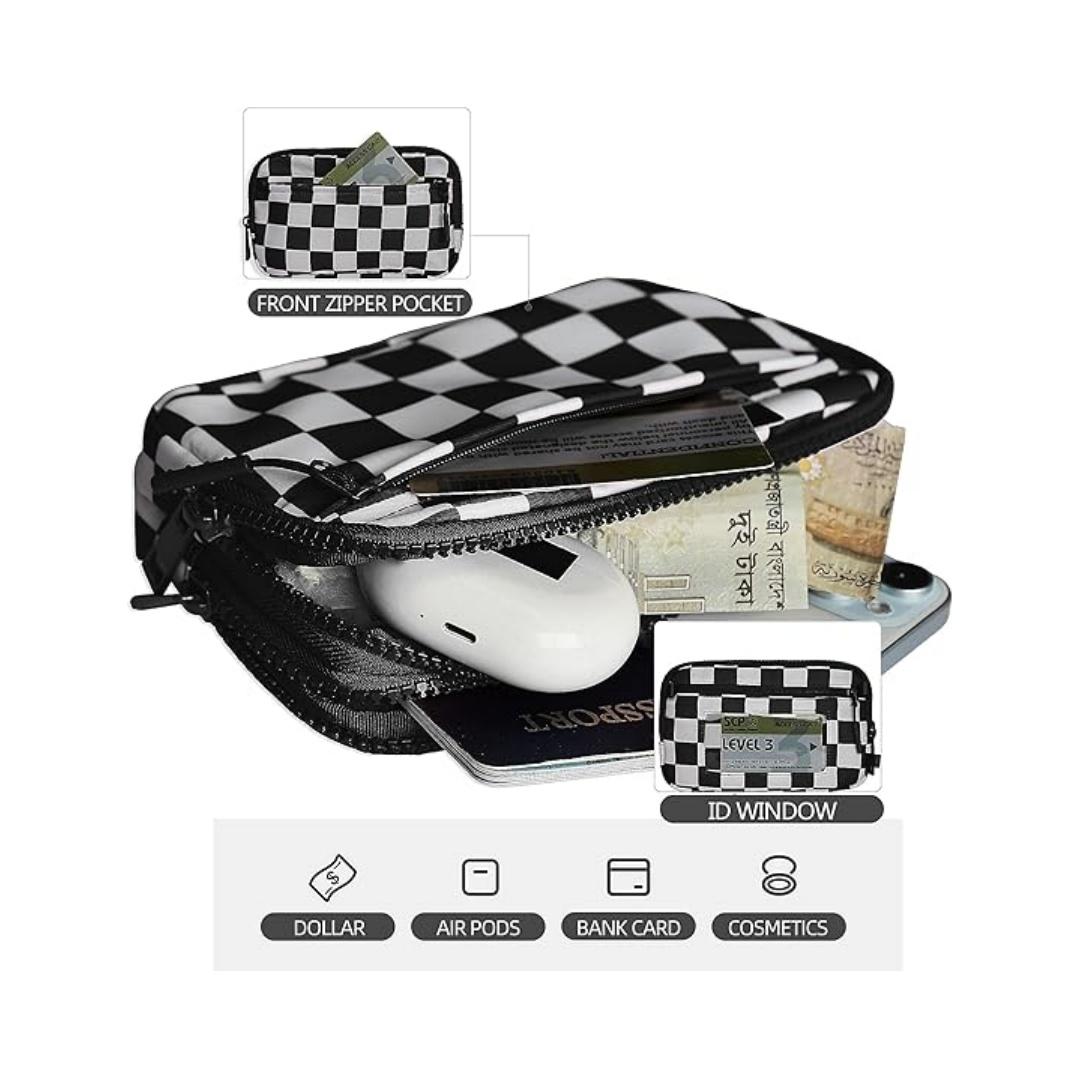 Checkered Wristlet Wallets for Women Nylon Quilted with 4 Zippers Travel Credit Card Holder Cell Phone Organizer Coin Purse Crossbody Key Bag with ID Window RFID Blocking Compact Pouch