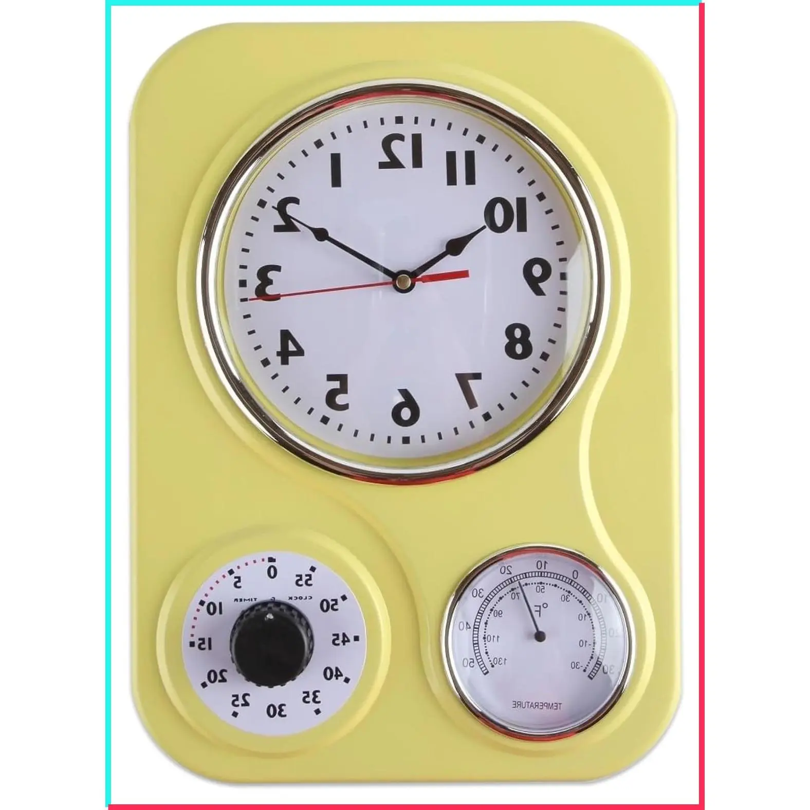9 x 12.5 Inch Retro Kitchen Wall Clock with Thermometer and 60-Minute Timer for Kitchen, Office, or Diner, Yellow