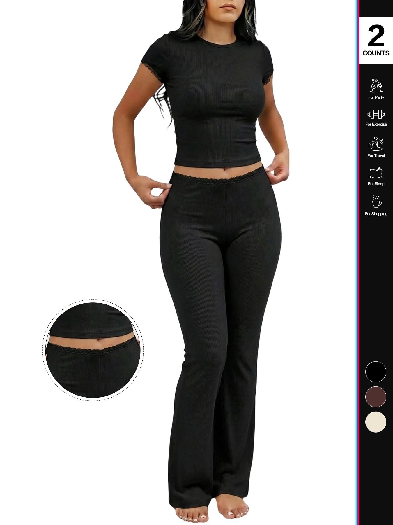 2026 Women's two-piece ribbed knit loungewear set, Fitted short-sleeved crop top, high-waisted flared pants, casual matching set, with lace trim on the cuffs