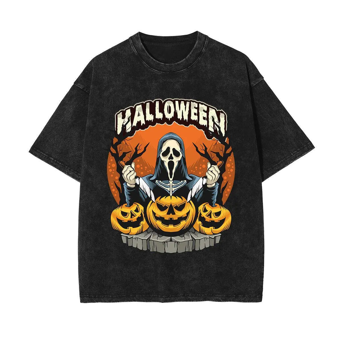 Retro washed Halloween screaming ghost face pumpkin print T-shirt, retro scary death print oversized round neck heavyweight pure cotton street style T-shirt, unisex.