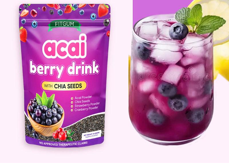 Acai Berry Drink Powder with Chia Seeds – Berry Flavor Beverage Mix (10 Sachets) - 3-Pack