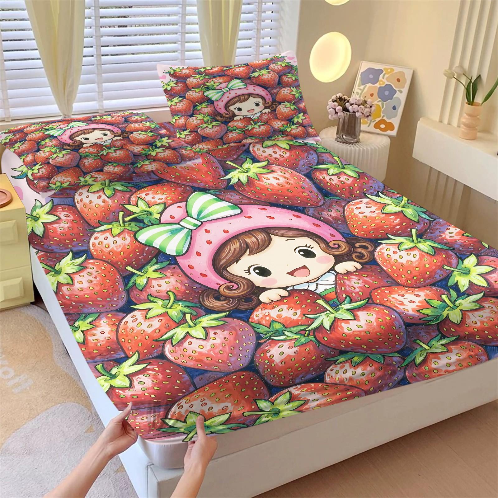 Strawberry Sweetheart Fitted Sheet Set & 2 Pillowcases, 3D Strawberry Full Print & Q-Version Cartoon Girl Design, Soft Anti-Slip Wrinkle-Resistant, Sweet Healing Style Girl's Room Kids Room Decor, Gift Choice