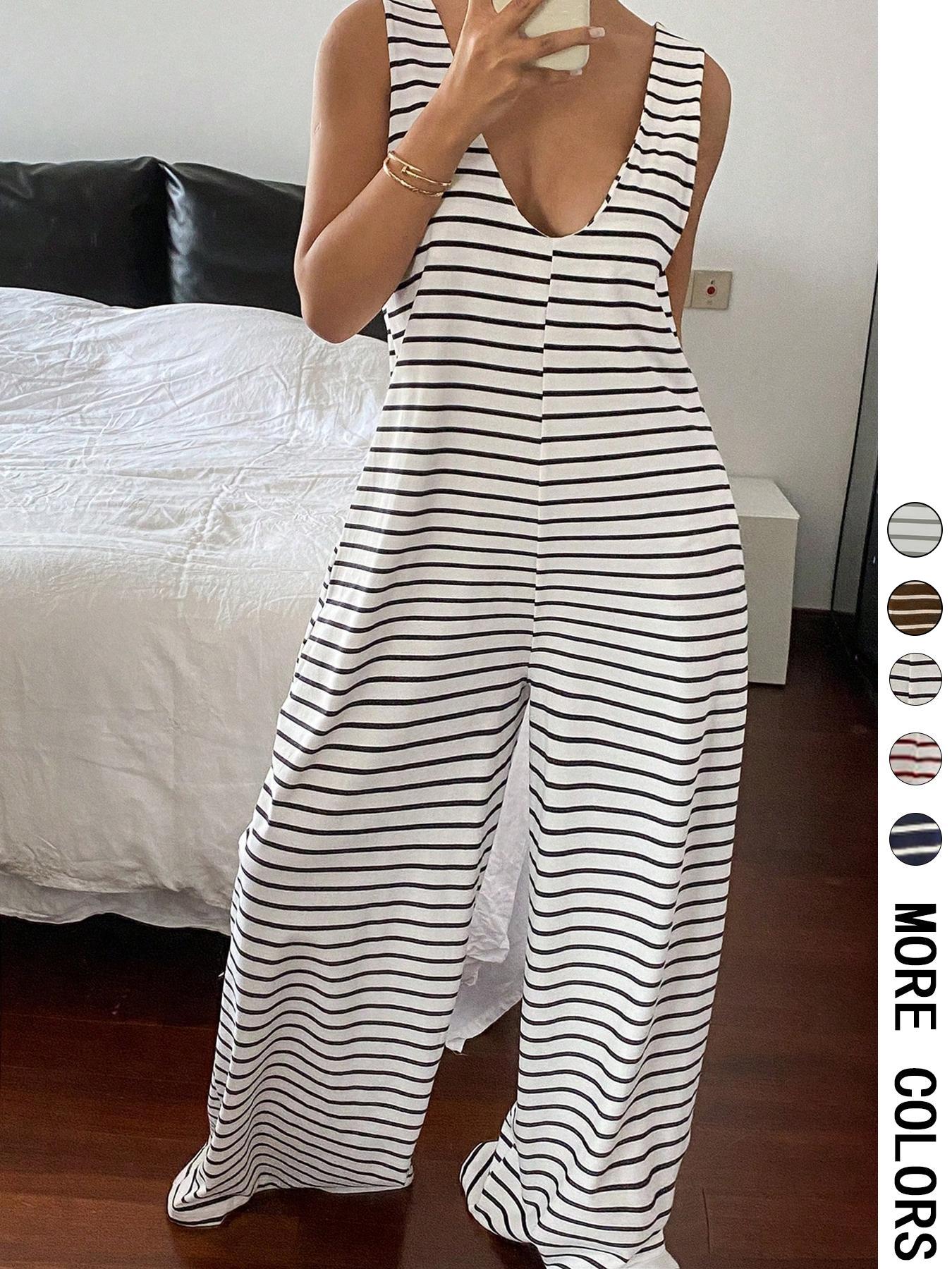 Women's Striped Sleeveless Loose Fit Jumpsuit, Casual Spring & Fall Fashion, Comfortable One-Piece for Daily Wear