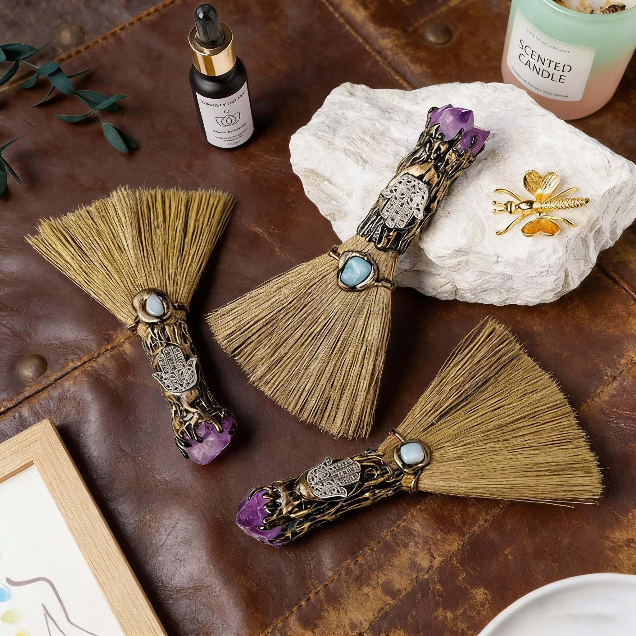 Natural Amethyst Fatima Handheld Mini Witch Broom, Vintage Handmade Magic Broom, Turquoise & Amethyst, Natural Straw Bristles, Healing Energy