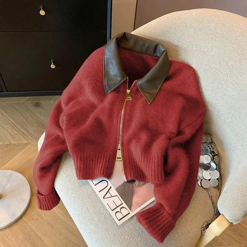 Spliced Leather Collar Knit Sweater Fashion Double Zipper Cardigan Women's Autumn Winter Soft Vintage Long Sleeve Streetwear Raincoat Compatible