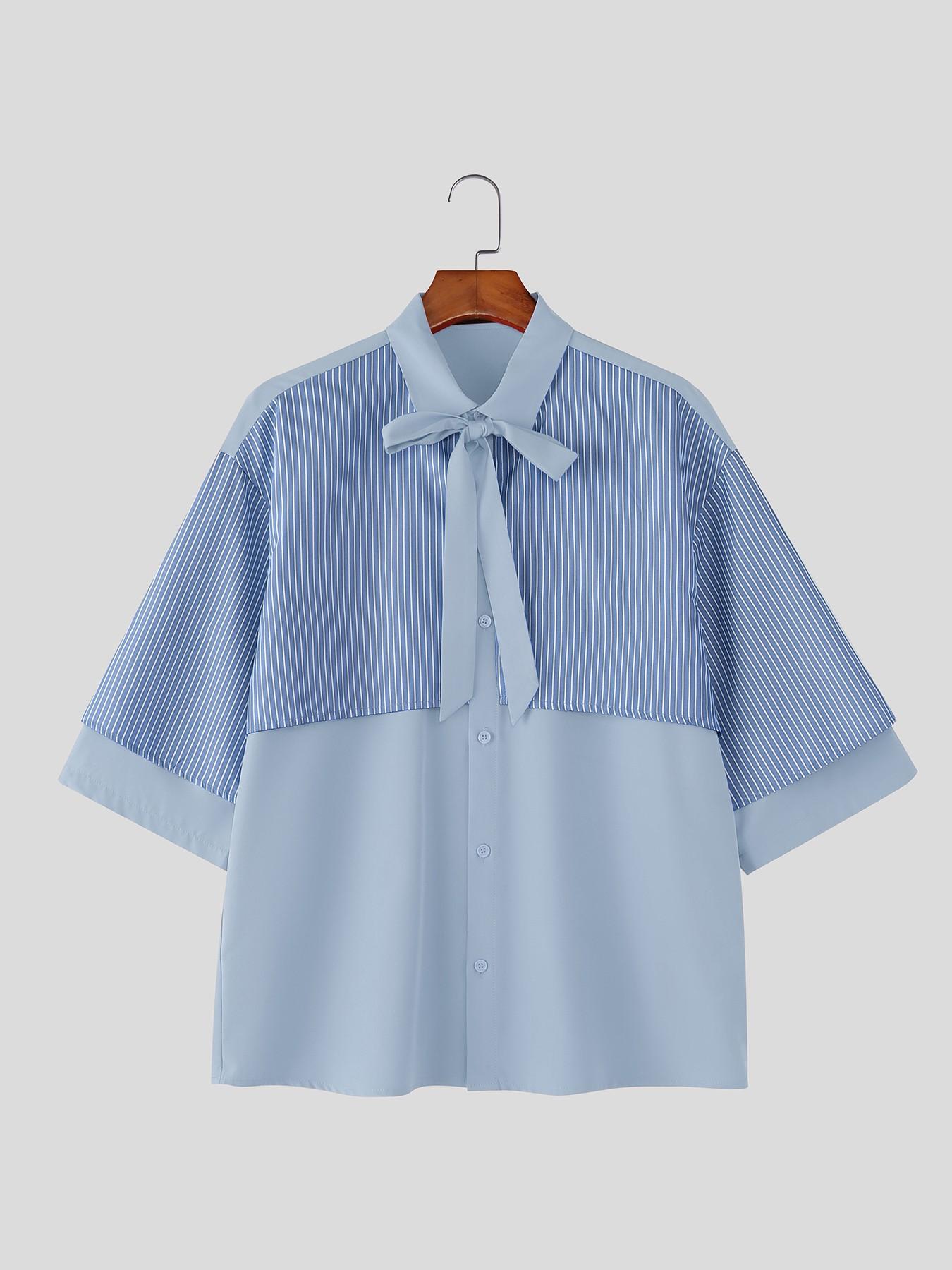 INCERUN Men's Patchwork Colorblock Striped Tie Short Sleeve Shirt, Perfect for Daily Wear, Stylish and Comfortable, Ideal for Casual