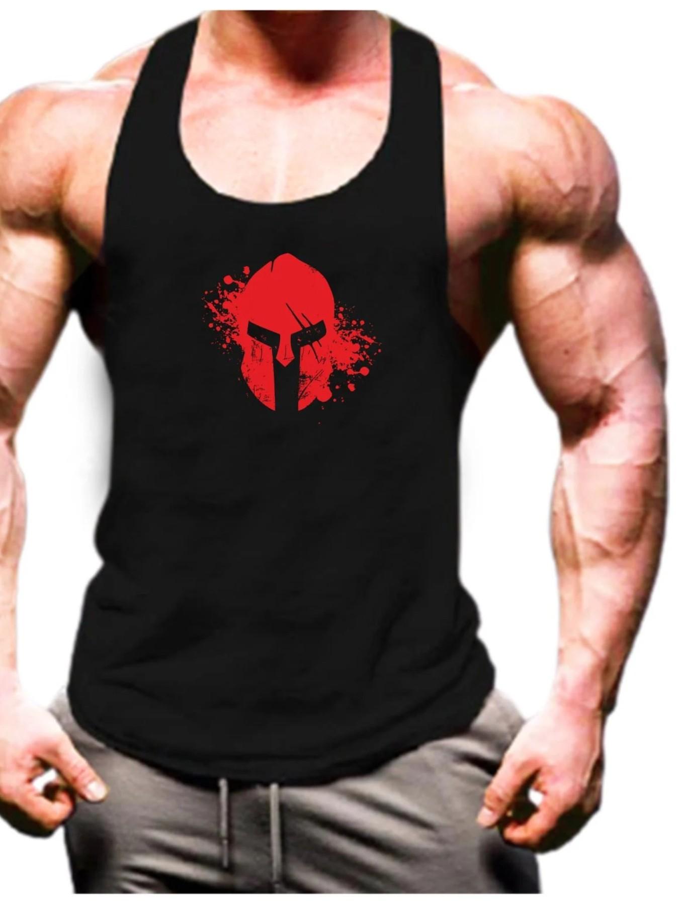 Men's Splatter Spartan Helmet Graphic Fitness Tank Top, Sporty Loose-Fitting Sleeveless Shirt, All-Season Muscle Training Wear