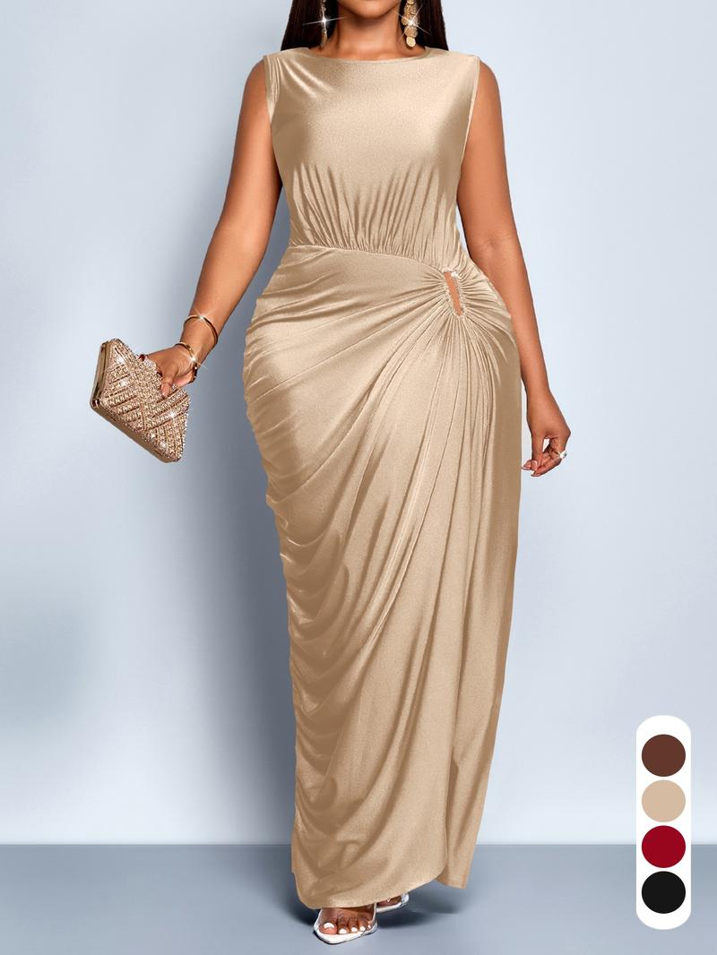 Elegant Casual Women's Plain Ruffle Dress, High Waist Fitted Sleeveless, Perfect for Evening Parties and Dates, All Seasons Fashion