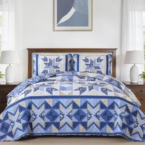 Patchwork Quilts  Size,Reversible Blue Floral Quilt Bedding Set, Farmhouse Handmark Quilt,Lightweight Spring Bedspreads Coverlet Set 3 count for  Season 96" x90"